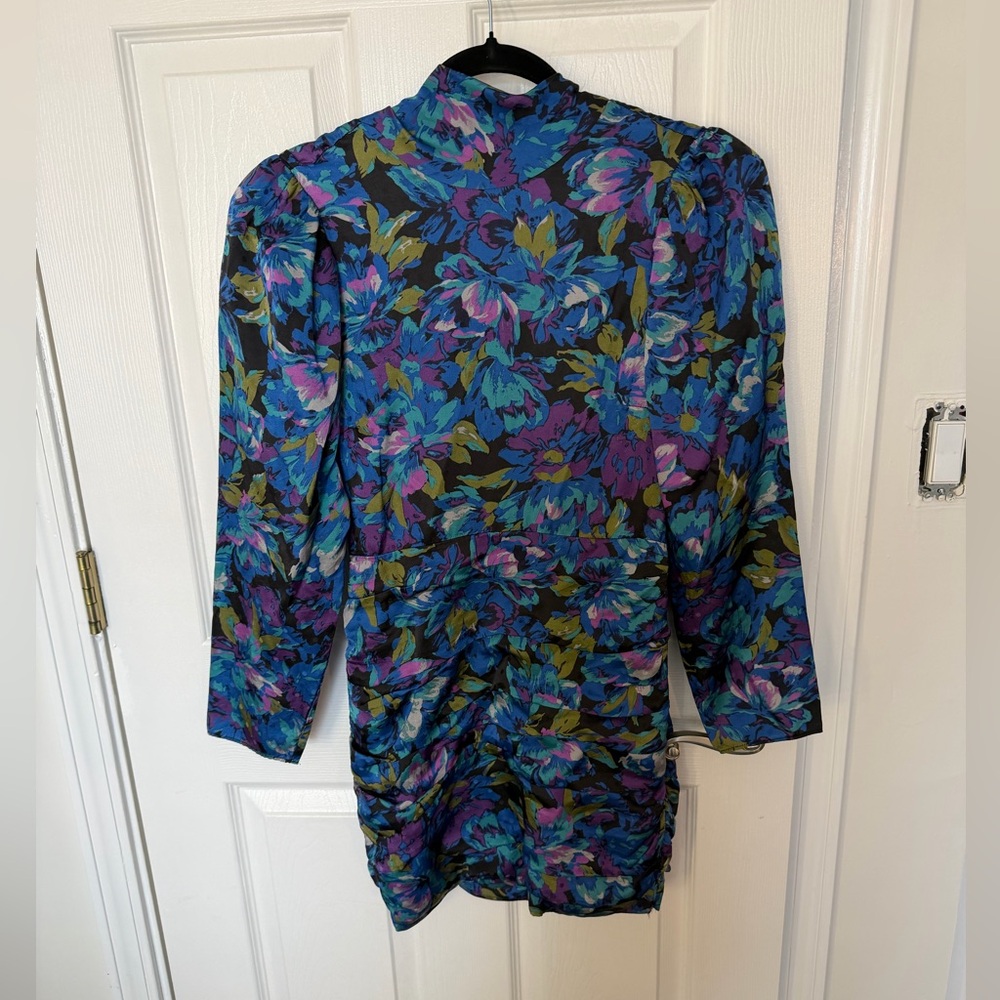 Ronny Kobo Blue & Purple Floral High Neck Silk Dress